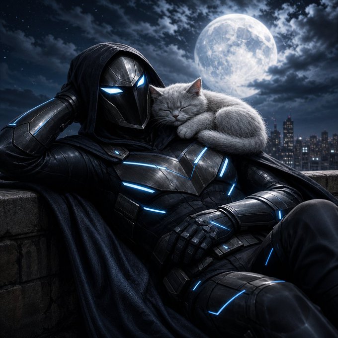 A digital artwork depicts an armored figure in a hooded cloak with glowing blue accents, accompanied by a sleeping cat against a moonlit city skyline.