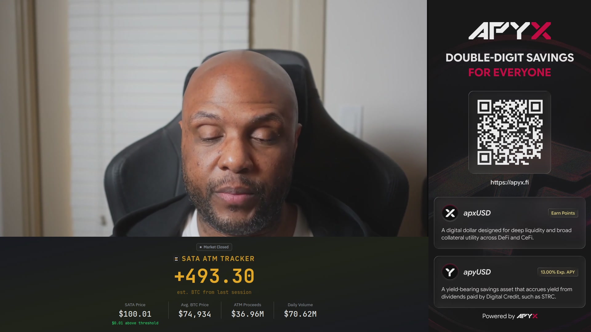 The image shows an advertisement for APYX, which is promoting double-digit savings for everyone. The poster features a bald man sitting in a chair with his eyes closed, suggesting relaxation or contemplation. The text on the poster includes information about the app's features and how it can help users save money through various transactions.