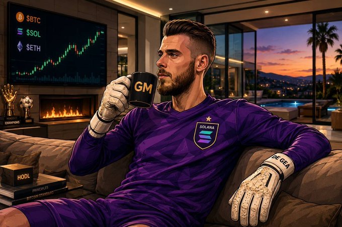 A digital illustration of goalkeeper David de Gea holding a 'GM' mug while wearing a purple Solana-themed jersey, sitting in a luxurious room with crypto charts ($BTC, $SOL, $ETH) on a screen behind him.