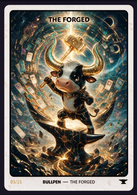 A tarot-style NFT card titled "THE FORGED" depicts a fierce, horned bull warrior wielding a glowing hammer atop an anvil, surrounded by swirling cosmic energy and floating card fragments—visually symbolizing the burning and merging of 75 collected cards into one eternal piece. The card is labeled "BULLPEN — THE FORGED" and numbered "03/25," representing the 3rd of only 25 legendary collectibles forged from the completed S1 set.