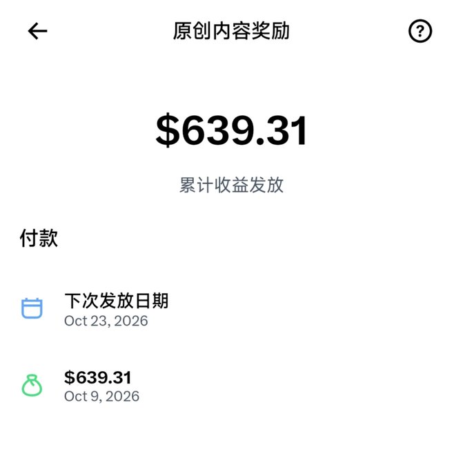 A mobile app screen in Chinese titled '原创内容奖励' (Original Content Reward) displaying a cumulative earnings payout of $639.31, showing a past payment on Oct 9, 2026, and the next scheduled payment date of Oct 23, 2026.