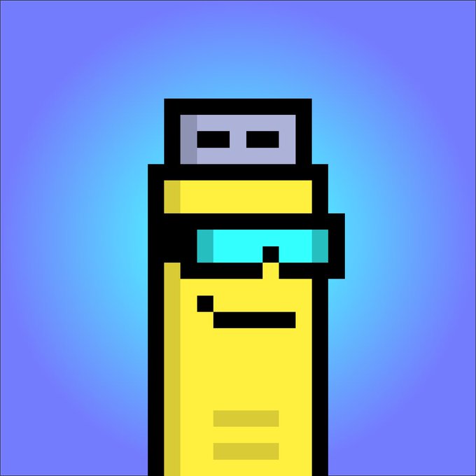 A pixel-art illustration of a yellow USB flash drive with a face, featuring two eyes near the connector and a small smile on the body, set against a blue gradient background.