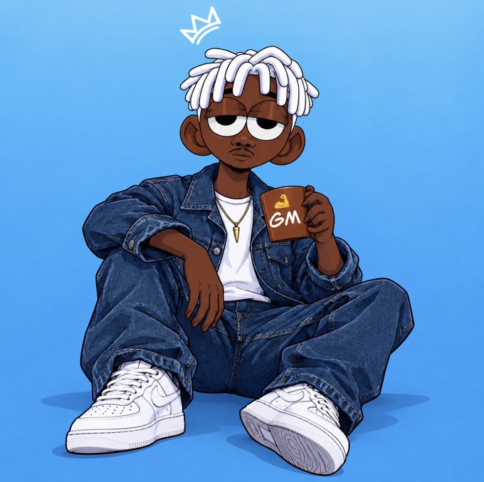 Cartoon illustration of a seated character with white dreadlocks wearing a denim jacket and white sneakers, holding a brown card marked with a duck icon and "GM."