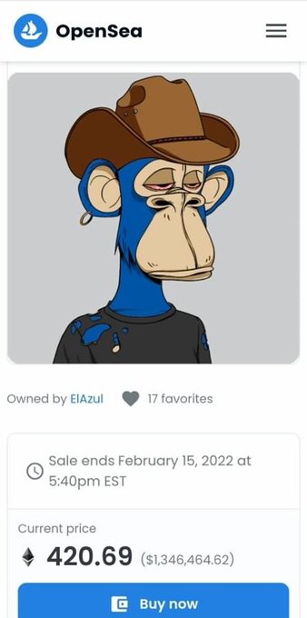 A screenshot of an OpenSea NFT listing for a blue Bored Ape wearing a cowboy hat, priced at 420.69 ETH ($1,346,464.62) with a sale ending February 15, 2022.