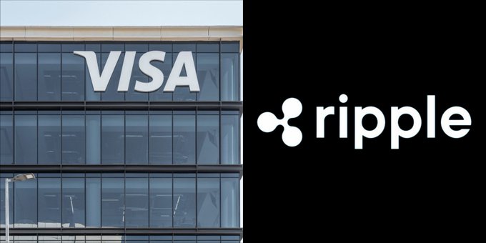 A split image showing the Visa logo on a glass building facade next to the Ripple logo on a black background.