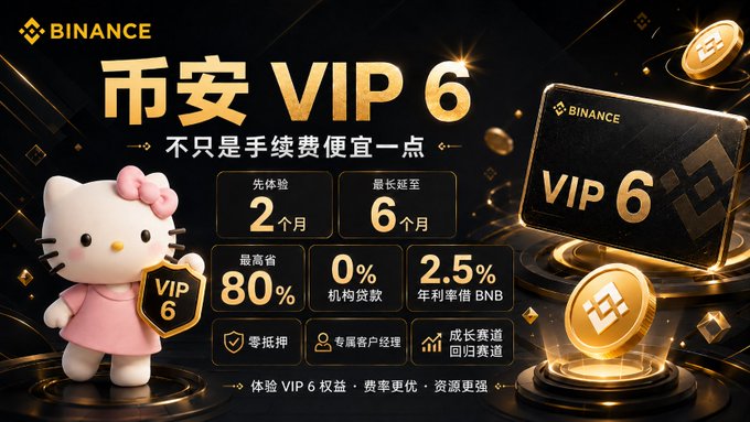 Binance promotional banner advertising 'VIP 6' benefits in Chinese, featuring a Hello Kitty mascot holding a VIP 6 shield, with perks including up to 80% fee savings, 0% institutional loans, 2.5% annual BNB rate, and a free 2-month trial extending to 6 months.