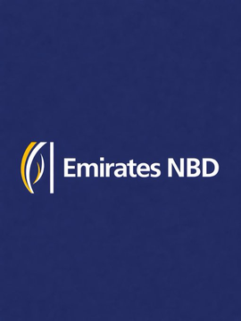 A dark blue graphic featuring the Emirates NBD bank logo with a subtle decorative pattern in the background.