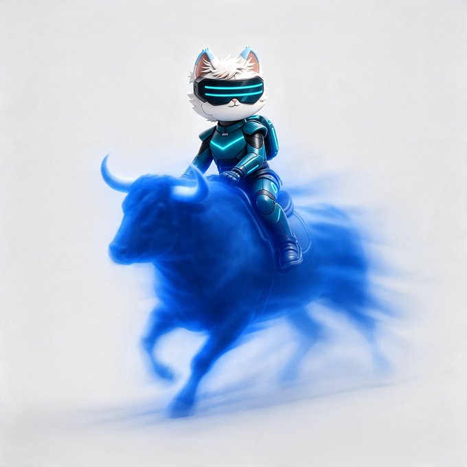 A futuristic cat-like figure in sleek armor and a glowing visor rides atop a motion-blurred blue bull, symbolizing unstoppable momentum and the enduring intrinsic value of a "Mortal" asset beyond volatile fiat pricing. The image visually reinforces the post's message that true worth remains constant regardless of market fluctuations.