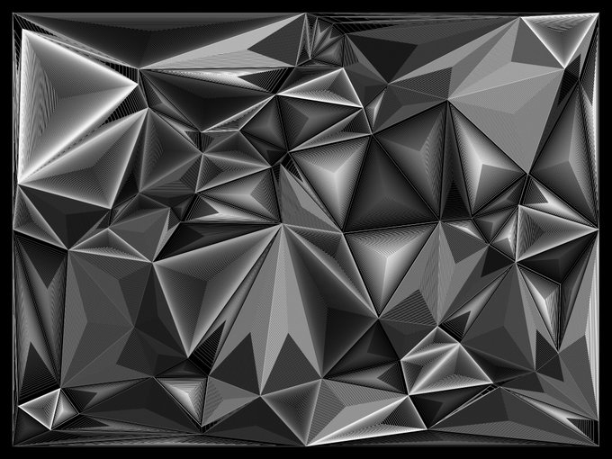 A grayscale abstract digital artwork featuring a faceted, geometric pattern of triangular and pyramidal shapes with metallic shading.