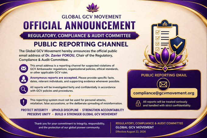 An official announcement poster from the Global GCV Movement Regulatory, Compliance & Audit Committee establishing a public reporting email at compliance@gcvmovement.org, announced by Dr. Zavier Fokou.