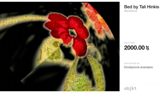 An NFT listing titled 'Bed by Tali Hinkis' (@lovidlovidl) featuring an abstract digital artwork of a red flower, sold for 2000.00 ζ and collected by fondazione aversano on the objkt platform.