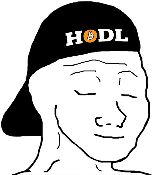 The image shows a drawn Wojak (the classic "feels good man" meme face) wearing a backward black cap that reads "HODL," with the "O" replaced by an orange Bitcoin logo. It visually reinforces the post's sentiment by depicting the calm, content mindset of a crypto investor who simply holds their $BTC and $ETH rather than reacting to market swings.