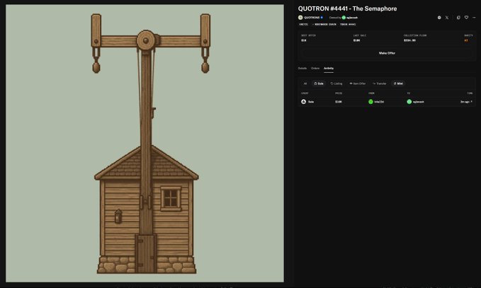 A screenshot showing a pixel art illustration of a wooden semaphore structure on the left, paired with a financial portfolio interface on the right displaying QUOTRON #4441 - The Semaphore with balances for SOL and USDC.