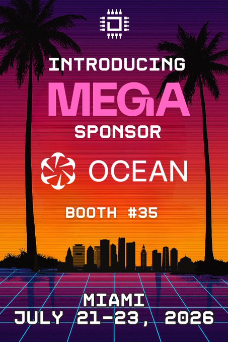 A retro 80s synthwave-style poster with palm trees, a neon grid, and a sunset gradient, advertising 'MEGA SPONSOR OCEAN' at 'BOOTH #35' in 'MIAMI JULY 21-23, 2026'.