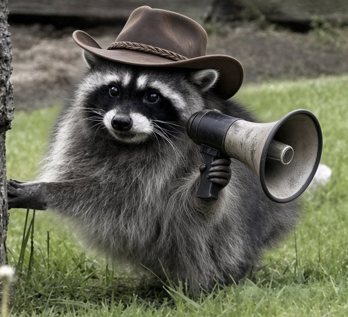A raccoon wearing a cowboy hat holds a megaphone, seemingly making an announcement on the grassy lawn—perfectly matching the "$JIMOTHY ROLL CALL! CALLING ALL COONERS!" post by literally summoning fellow raccoons ("coons") with its loud call.