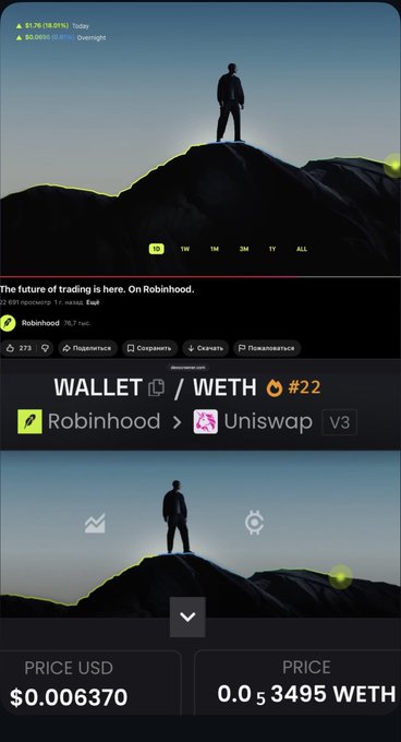 A mobile trading app screenshot showing a portfolio with a 'WALLET/WETH #22' token, displaying a price of $0.006370 and 0.03495 WETH, with a 'Robinhood > Uniswap V3' label.