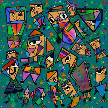 Vibrant abstract cartoon artwork featuring multiple colorful character faces with sunglasses and hats in a cubist/pop-art style on a teal splattered background.