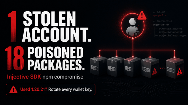 Security alert graphic warning of an 'Injective SDK npm compromise' stating '1 STOLEN ACCOUNT. 18 POISONED PACKAGES' and advising users of v1.20.21 to rotate wallet keys.