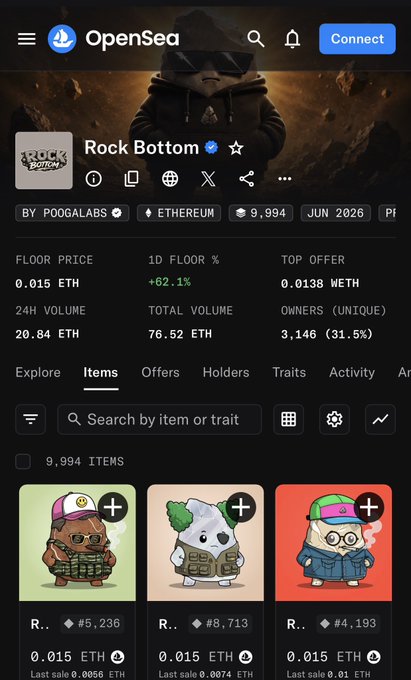 The image shows an OpenSea listing for the "Rock Bottom" NFT collection by PoogaLabs on Ethereum, displaying 9,994 items with a floor price of 0.015 ETH, up 62.1% in 24 hours, and 3,146 unique owners. This ties to the post's lament about repeatedly missing NFT breakouts like CryptoPunks, BAYC, and Pudgy Penguins, suggesting Rock Bottom could be the next missed opportunity at its still-low floor price.