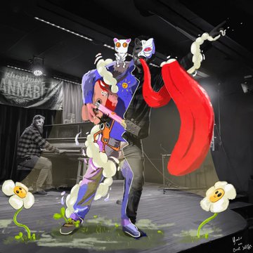 A photograph of a person in a blue suit and red cape performing on stage with two cat masks on their head, edited with cartoon daisy graphics and labeled "Unacceptable" in the background.