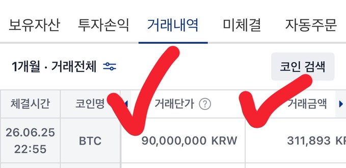 The image shows a Korean cryptocurrency trading platform screen (가려내역 - "Withdrawal History" tab) displaying a Bitcoin (BTC) withdrawal of 90,000,000 KRW with a price of 311,893 KRW on June 25, 2026 at 22:55, marked with red checkmarks emphasizing the coin and fiat amounts. The screenshot illustrates the post's message about steadily accumulating Bitcoin, showing a successful KRW withdrawal—a tangible example of taking profits or managing positions rather than chasing a market bottom.