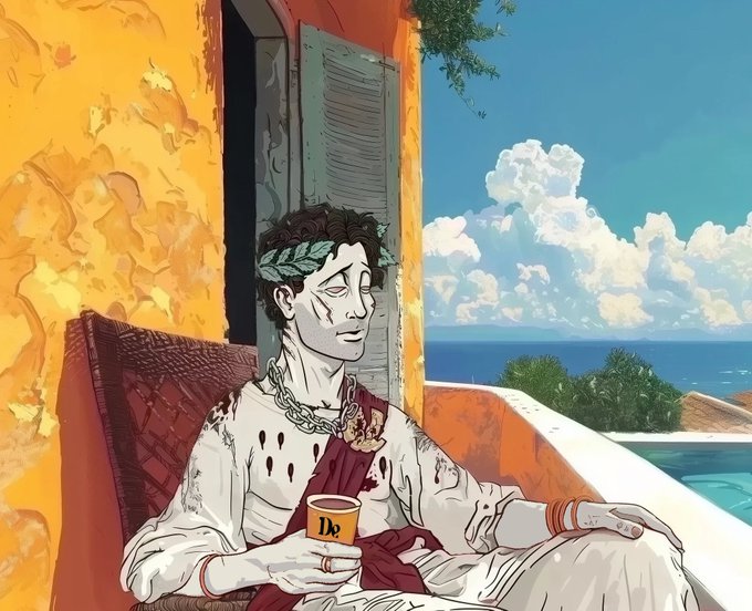 An artistic illustration of a stone-textured figure wearing a laurel wreath, sitting in a chair on a terrace overlooking the ocean while holding a cup labeled 'De'.