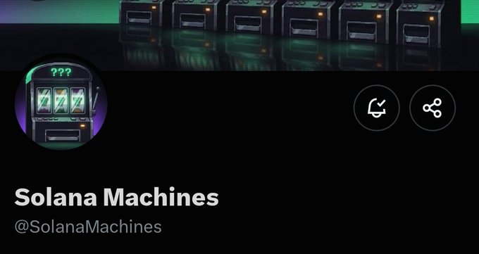 A profile header for "Solana Machines" (@SolanaMachines) features a pixel-art slot machine logo with "???" on top, displayed against a backdrop of multiple slot machines, tying directly to the post's announcement of a collaboration involving 3,333 pixel slot machines on the Solana network, where the rarest result wipes you out.