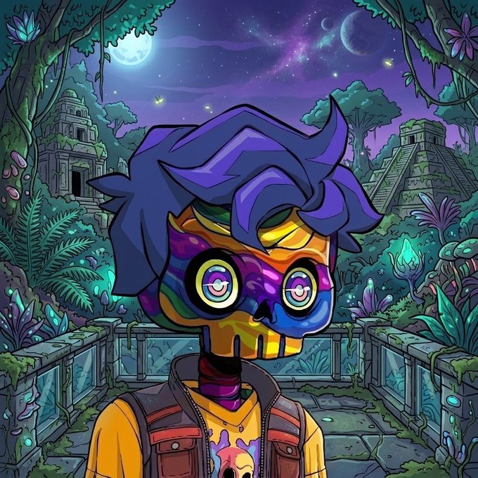 A vibrant graphic illustration of a character with a colorful painted skull face and purple hair, wearing a yellow shirt and vest, standing in a lush jungle with ancient ruins, glowing plants, and a starry night sky with two moons.