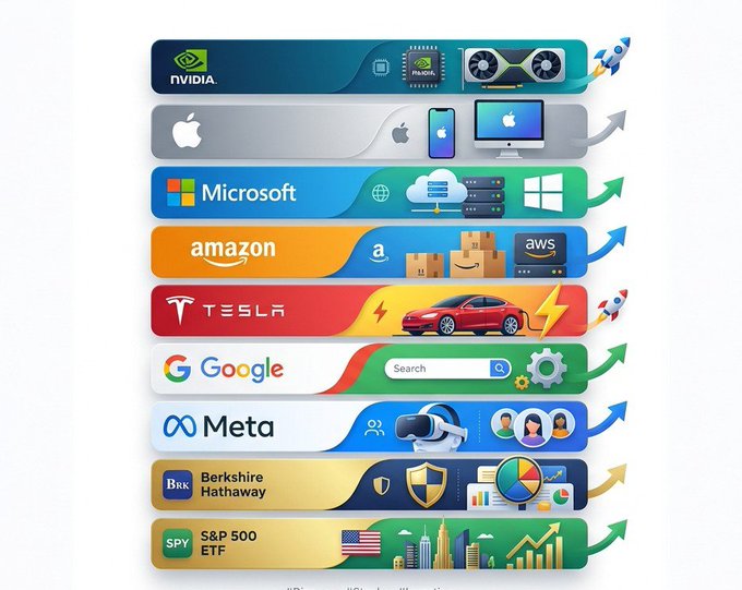 An infographic ranking major investment assets in a bar chart format with upward arrows: NVIDIA, Apple, Microsoft, Amazon, Tesla, Google, Meta, Berkshire Hathaway, and SPY S&P 500 ETF, accompanied by their respective logos and related product illustrations.