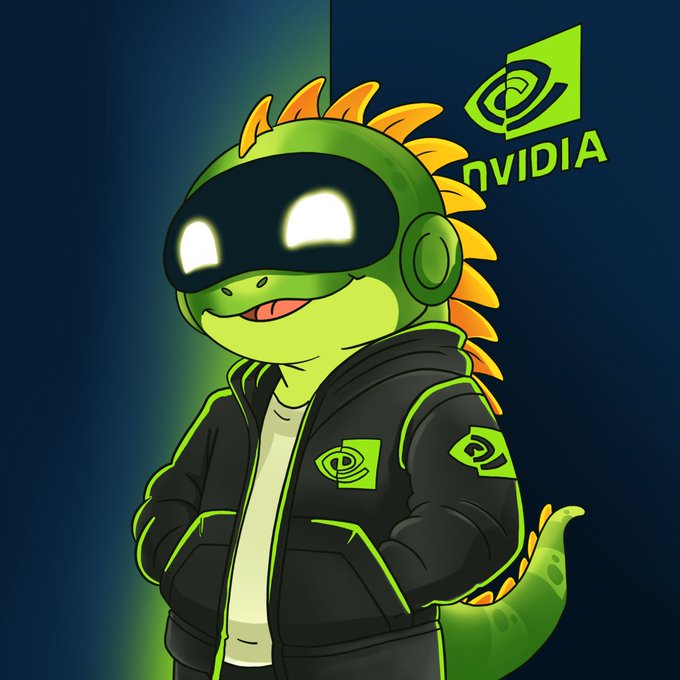 An illustrated cartoon dinosaur wearing a black hoodie with the NVIDIA logo and a green visor helmet with glowing white eyes, standing in front of an NVIDIA branded backdrop.