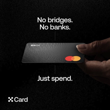 A hand holds a black OKX Mastercard against a dark background, with the tagline "No bridges. No banks. Just spend." displayed prominently, illustrating the post's promotion of using cryptocurrency directly for everyday purchases with cashback rewards.