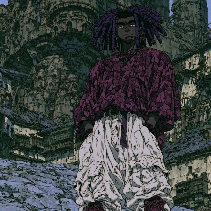 An anime-style illustration of a character with purple dreadlocks, a purple textured sweater, and oversized white pants standing before a detailed castle backdrop.