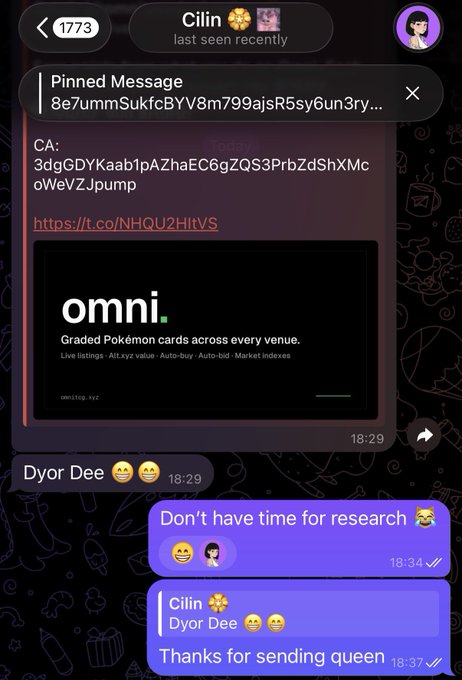 A Telegram chat screenshot with a pinned message from 'Cilin' containing cryptocurrency contract addresses and an 'omni.' promotional image, with replies from 'Dyor Dee' thanking them for sending a queen.