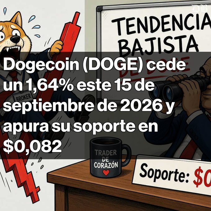Cartoon illustration depicting the cryptocurrency market with a panicked Shiba Inu dog holding a falling red chart, a trader with binoculars, and Spanish text 'Dogecoin (DOGE) cede un 1,64% este 15 de septiembre de 2026 y apura su soporte en $0,082' alongside a 'TENDENCIA BAJISTA' whiteboard.