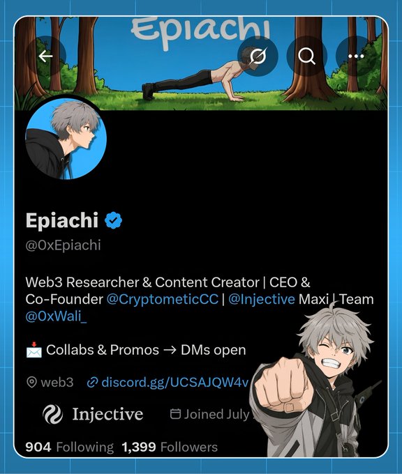 A Twitter/X profile screenshot for "Epiachi" (@0xEpiachi), describing himself as a "Web3 Researcher & Content Creator | CEO & Co-Founder @CryptometicCC | @Injective Maxi", with 904 Following and 1,399 Followers.