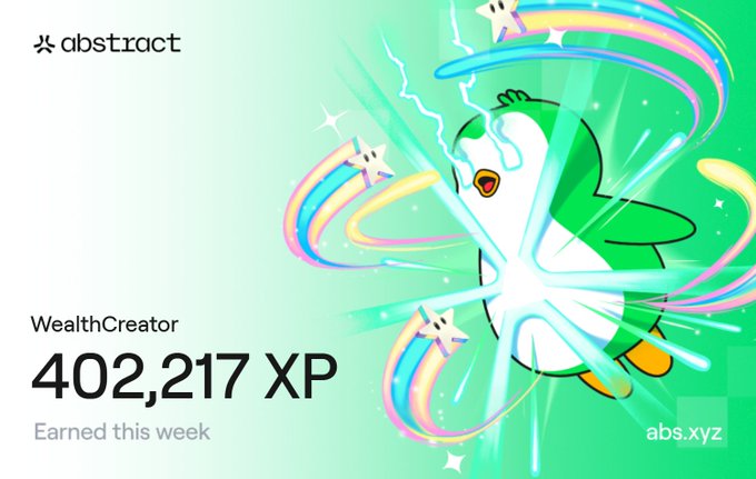 A bright green promotional graphic displays '402,217 XP Earned this week' for 'WealthCreator' alongside an animated penguin-like character with rainbow trails and the 'abstract' logo.
