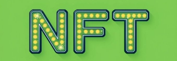 A bright green background displays the letters 'NFT' designed to look like vintage marquee signs with light bulbs.