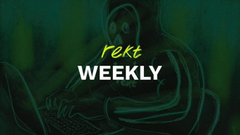 A dark green banner featuring a hooded grim reaper illustration displays the text "REKT WEEKLY" in bold yellow and white lettering, serving as a reminder to tune in at 5pm EST for updates on all things REKT, delivered directly from the host himself.