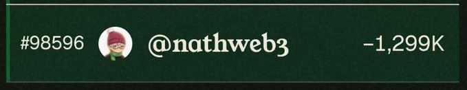 A dark green banner displaying the username '@nathweb3' with an avatar, the number '#98596' on the left, and '-1,299K' on the right.