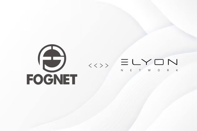 A minimalist white graphic showing logos for 'FOGNET' and 'ELYON NETWORK' with arrow symbols between them against a flowing white fabric background.