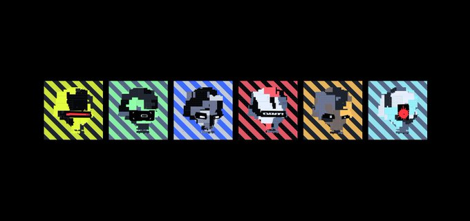 A horizontal strip of six pixel art portraits showing different character busts, each set against a diagonally striped background of varying colors.