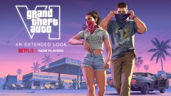 Promotional banner for Grand Theft Auto VI featuring characters holding guns against a sunset backdrop with the text "AN EXTENDED LOOK NOW PLAYING."