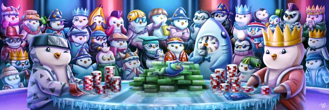 A vibrant cartoon illustration depicts a lively poker game featuring a diverse group of penguin characters, with a crowned king penguin overseeing the table stacked high with green casino chips and scattered playing cards. The accompanying text references "Pudgy PFPs" (profile pictures) being added to a "Generational Penguins" collection list, which connects to the artwork by showcasing an array of uniquely styled penguin avatars in royal attire, hats, and accessories—evoking a playful NFT community gathering.