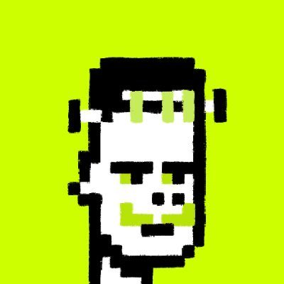 A pixel art image of a figure resembling Frankenstein's monster on a lime green background.