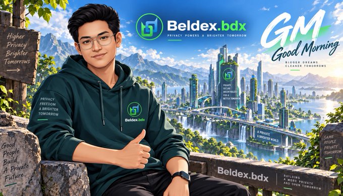 A promotional digital illustration for 'Beldex.bdx' featuring a young man in a green 'Privacy Powers A Brighter Tomorrow' hoodie with a futuristic city skyline in the background and 'GM Good Morning' text.