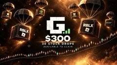 Promotional graphic for G$300 token with text '50 STOCK DROPS AVAILABLE TO CLAIM' showing parachuting drop crates against a fiery background.