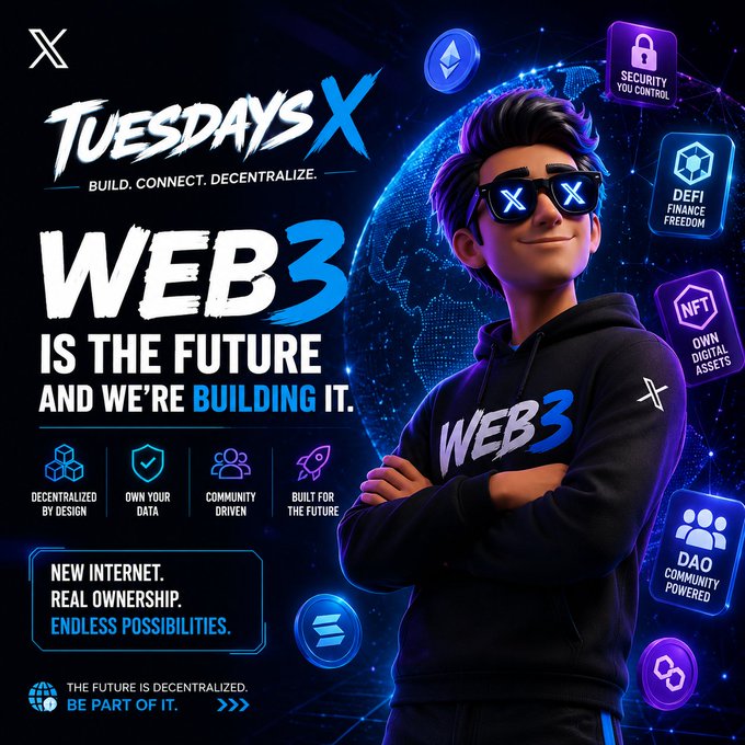 A promotional graphic for 'TuesdaysX' featuring a 3D cartoon character in sunglasses and a Web3 hoodie, with text 'WEB3 IS THE FUTURE AND WE'RE BUILDING IT' alongside icons for Security, DeFi, NFT, and DAO.
