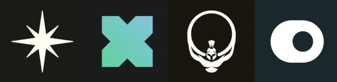 Four cryptocurrency or brand logos displayed on dark backgrounds: a white eight-pointed star, a teal "X" shape, a stylized figure holding a globe, and a white circle with a dot inside.