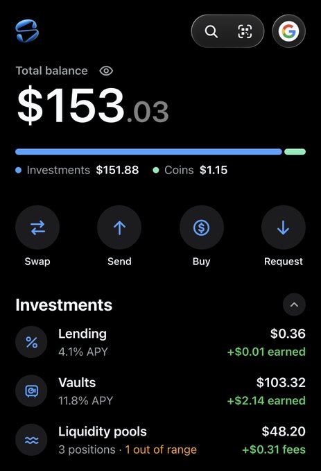 The image shows the Slush Wallet app displaying a total balance of $153.03, broken down into Investments ($151.88) and Coins ($1.15), with an "Investments" section highlighting Lending ($0.36, 4.1% APY), Vaults ($103.32, 11.8% APY), and Liquidity pools ($48.20, 3 positions · 1 out of range), demonstrating the app's ability to track multiple liquidity pool positions in one unified view.