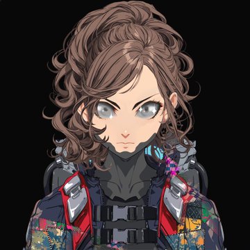 An anime-style illustration of a young woman with curly brown hair and large eyes, wearing dark tactical gear with a colorful patchwork jacket over a black background.